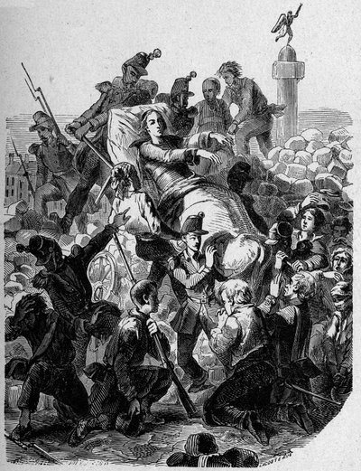 Revolución de 1848: “El arzobispo Denis Affre (1793-1848) herido y llevado en una camilla en 1848.” de Unknown artist
