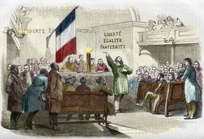 Revolución de 1848: reunión del Club Republicano en París en 1848. La pared dice el lema republicano 