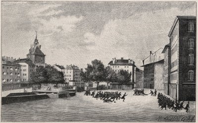 Revolución de Ginebra del 7 al 8 de octubre de 1846 (revolución fazyst): defensa de St Gervais el 7 de octubre de 1846 - Vista de Place de Bel Air y Ponts-de-l