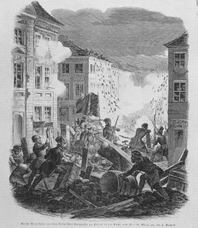 Revolución de marzo de 1848: barricada en Berlín el 19/03/1848. Federico Guillermo IV de Prusia será llevado a aceptar la reunificación y un gobierno liberal. de Unknown artist