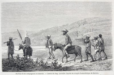Richard Francis Burton, explorador británico (1821-1890), y sus compañeros en África. Dibujo que ilustra el artículo “El viaje del Capitán Burton a los Grandes Lagos de África 1857-59” - en “Tour du Monde”, 2º semestre 1860 de Unknown artist