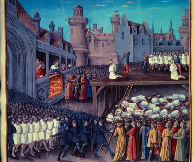Ricardo Corazón de León (1157-1199) hizo que los prisioneros turcos (musulmanes) fueran capturados en la Tercera Cruzada en 1191. Miniatura de un manuscrito de Sebastien Mamerot de Unknown artist