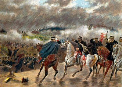 Campaña Italiana (1859): Víctor Manuel II durante la Batalla de San Martino liderando las tropas piamontesas contra el ejército austríaco el 24/06/1859. Colección Privada de Unknown artist
