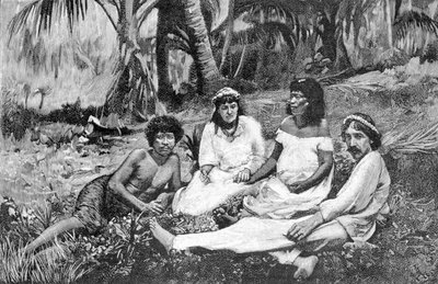 Robert Louis Stevenson (1850 - 1894) con su esposa en Samoa donde tenía su residencia publicada en Vailima. Grabado alrededor de 1890-1895. de Unknown artist