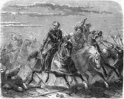 Roberto de la Marca de los Lansquenetes, lleva el cuerpo de su hijo de los suizos. Grabado del siglo XIX de Unknown artist