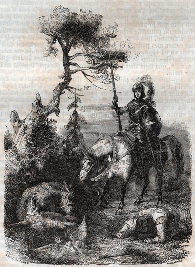 Roger (Ruggero, Ruggiero) usa el escudo encantado - grabado de 1851 de 