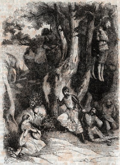 Roland y los siete bandidos de la cueva - grabado de 1851 de “Furious Roland” (Orlando furioso) (siglo XVI) por Ludovico Ariosto, conocido como el Ariosta - Edición traducida del italiano por el Conde de Tressan y publicada por Gustave Harvard de Unknown artist