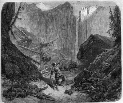 Rolando soplando en su cuerno en la Batalla de Roncesvalles el 15 de agosto de 778. Dibujo de Alphonse de Neuville para la ópera 