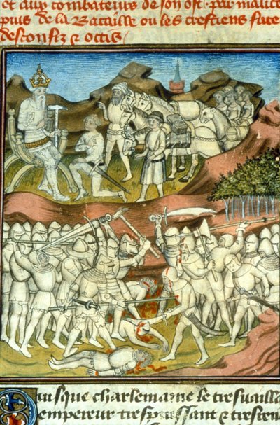 La muerte de Roldán. Carlomagno envía a sus caballeros a combatir; el caballero Roldán es asesinado en la Batalla de Roncesvalles (778) - Miniatura de la Edad Media (ref. 512) de Unknown artist