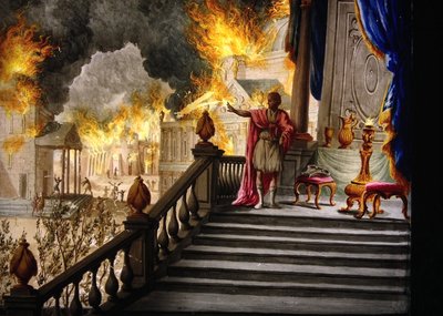 Antigüedad romana: “El Emperador Nerón contemplando el incendio de Roma el 18 de julio del 64” (pintura en vidrio) de Unknown artist