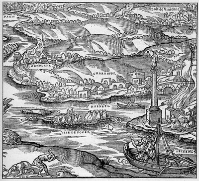 Galia romana: un monumento construido por los marineros parisinos bajo el reinado de Tiberio, en la confluencia del Sena y el Marne. Grabado en 