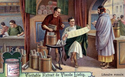 Librero romano. Cromolitografía, imagen Liebig de Unknown artist