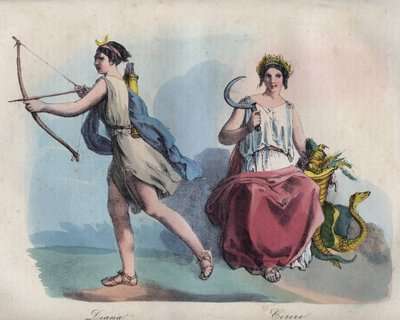 Mitología romana - Diana la diosa de la caza y Ceres diosa de la agricultura - grabado de 