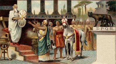 Sistema político romano. El rey: Numa Pompilio, legendario rey de Roma (-715, -672), entregando el escudo sagrado a los sacerdotes salios. Cromolitografía de finales del siglo XIX. de Unknown artist