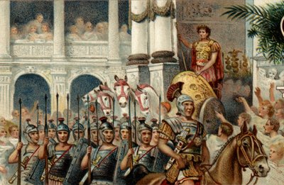 Sistema político romano. El Emperador: Desfile en honor a las victorias del Emperador Romano Augusto (Octavio) ganadas en Actium, Panonia y Egipto. Cromolitografía de finales del siglo XIX. de Unknown artist