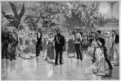 Rumania: Baile dado en honor del Príncipe Rodolfo (1858-1889) y la Princesa Stephanie de Austria Hungría (1864-1945) en el Teatro Nacional de Bucarest. Grabado en "Le Monde Illustré" de Unknown artist