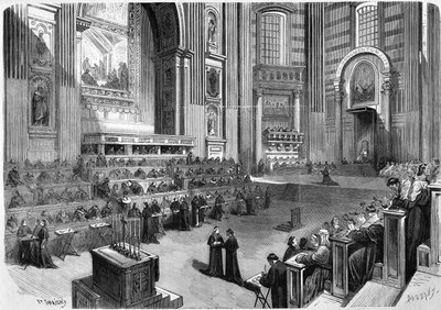 Roma 1869, primera reunión del Concilio Ecuménico de 1869 celebrada el 9 de diciembre en la parte derecha del transepto de la Iglesia de San Pedro de Unknown artist
