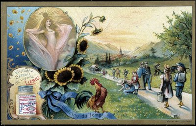 Gallo cantando al amanecer - cromo. Liébig, principios del siglo XX de Unknown artist