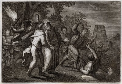 Biblia de Royaumont, Nuevo Testamento: Arresto de Jesucristo o el Beso de Judas. Los soldados vienen a arrestar a Cristo en el Jardín de los Olivos. San Pedro corta la oreja de uno de ellos. Ilustración de 1811 de Unknown artist