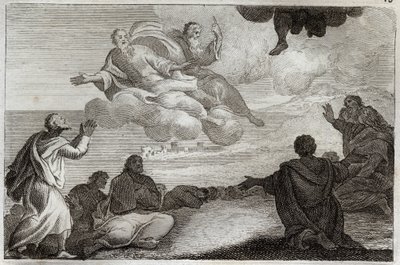 Biblia de Royaumont, Nuevo Testamento: Ascensión de Jesucristo. Cristo es llevado al cielo y bendice a los apóstoles antes de desaparecer en una nube. Ilustración de 1811 de Unknown artist