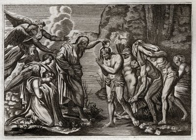 Biblia de Royaumont, Nuevo Testamento: Bautismo de Jesucristo. San Juan Bautista bautizando a Jesucristo en las aguas del río Jordán. Ilustración de 1811. de Unknown artist