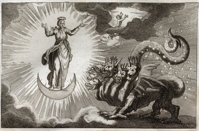 Biblia de Royaumont, Nuevo Testamento: La bestia del Apocalipsis. San Juan ve una bestia monstruosa con siete cabezas y diez cuernos y una mujer embarazada rodeada de luz, bajo cuyos pies está la luna y en su cabeza una corona de doce estrellas. Ilustració de Unknown artist
