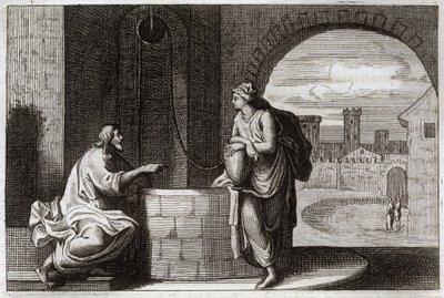 Biblia de Royaumont, Nuevo Testamento: Cristo y la samaritana en el pozo. Jesucristo convierte a una mujer samaritana. Ilustración de 1811 de Unknown artist