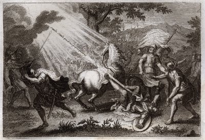 Biblia de Royaumont, Nuevo Testamento: Conversión de San Pablo en el camino a Damasco. Escucha la voz de Jesucristo que le dice "Saulo, Saulo, ¿por qué me persigues?" y un caballo cae. Ilustración de 1811 de Unknown artist