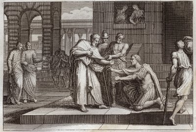 Biblia de Royaumont, Nuevo Testamento: Cornelio se bautiza. El centurión recibe la fe de Jesucristo y es bautizado por San Pedro. Ilustración de 1811. de Unknown artist