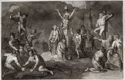 Biblia de Royaumont, Nuevo Testamento: Crucifixión de Jesucristo. La Virgen María, Santa María Magdalena y San Juan al pie de la cruz, San Longino el Centurión con su lanza, soldados jugando con la túnica de Cristo. de Unknown artist