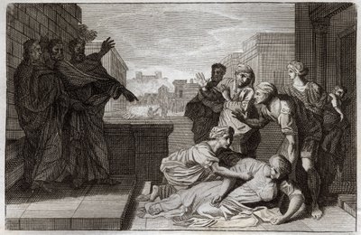 Biblia de Royaumont, Nuevo Testamento: Muerte de Ananías y su esposa Safira ante San Pedro y San Juan. Ilustración de 1811 de Unknown artist