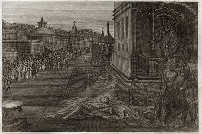 Biblia de Royaumont, Nuevo Testamento: Muerte de los dos Profetas. La visión que tuvo San Juan de dos profetas muertos, que luego resucitaron. Séptima trompeta del Apocalipsis. Ilustración de 1811. de Unknown artist