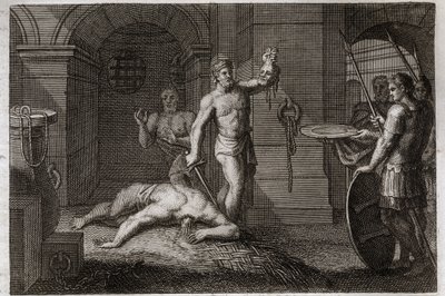 Biblia de Royaumont, Nuevo Testamento: Decapitación de San Juan Bautista. Se pone su cabeza en un plato. Ilustración de 1811. de Unknown artist