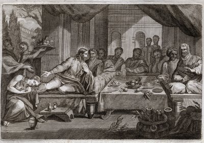 Biblia de Royaumont, Nuevo Testamento: Cena en casa de Simón el Fariseo. María Magdalena fue a llorar a los pies de Jesucristo en casa de Simón el Fariseo y obtuvo el perdón de sus pecados. Ella unge los pies de Cristo con ungüento y los seca con su cabell de Unknown artist