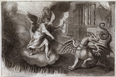 Biblia de Royaumont, Nuevo Testamento: Cadenas del dragón. El dragón del Apocalipsis, símbolo del diablo, es encadenado por un ángel que sostiene la llave del abismo. Ilustración de 1811. de Unknown artist