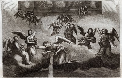 Biblia de Royaumont, Nuevo Testamento: Dragón del Apocalipsis. Siete ángeles derraman el contenido de sus copas, símbolo de la ira de Dios, sobre la tierra. Ilustración de 1811. de Unknown artist