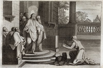 Biblia de Royaumont, Nuevo Testamento: Jesucristo y la mujer de Canaán (La Cananea o la mujer extranjera). Una campesina pide ayuda al Señor para curar a su hija. Cristo le respondió: “Solo fui enviado a las ovejas perdidas de la casa de Israel”. Ilustraci de Unknown artist