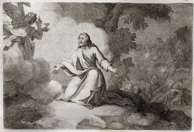 Biblia de Royaumont, Nuevo Testamento: Jesucristo en el Jardín (oración en el Monte de los Olivos). Un ángel con un cáliz aparece a Jesús. Los apóstoles San Pedro, San Juan y Santiago están dormidos. Ilustración de 1811 de Unknown artist