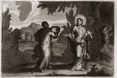Biblia de Royaumont, Nuevo Testamento: Jesucristo en el desierto. Jesús es llevado al desierto. Ayuna cuarenta días y cuarenta noches. Es tentado por el demonio que lo invita a convertir piedras en pan. Ilustración de 1811. de Unknown artist