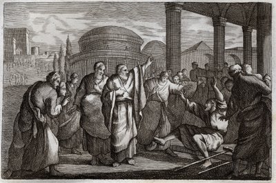 Biblia de Royaumont, Nuevo Testamento: Cojo curado. San Pablo cura a un cojo y detiene a un pueblo que quería sacrificarle como a un dios. Ilustración de 1811. de Unknown artist