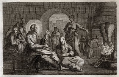 Biblia de Royaumont, Nuevo Testamento: Marta y María. Jesucristo entra en la casa de Marta, quien se apresura a recibirlo mientras su hermana, María de Betania, escucha su palabra. Ilustración de 1811 de Unknown artist