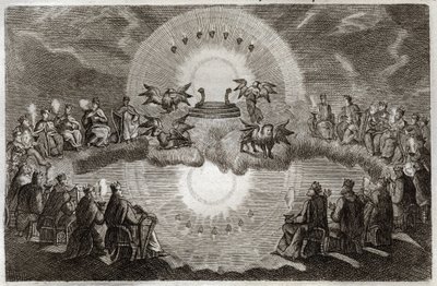 Biblia de Royaumont, Nuevo Testamento: Cielo abierto. Un trono aparece rodeado por un león, un buey, un hombre y un águila (tetramorfo) y siete lámparas. Veinticuatro ancianos sentados en tronos rodean esta visión. Ilustración de 1811 de Unknown artist