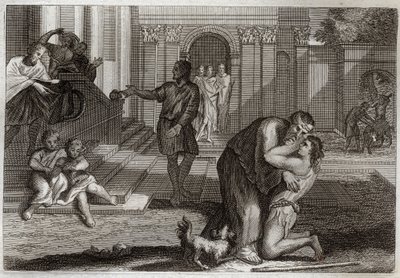 Biblia de Royaumont, Nuevo Testamento: Parábola del hijo pródigo. El hijo regresa a casa después de haber perdido todas sus posesiones. Viene a pedir perdón a su padre. Ilustración de 1811 de Unknown artist