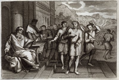 Biblia de Royaumont, Nuevo Testamento: Parábola de los trabajadores de la viña o parábola de los trabajadores de la undécima hora. Trabajadores que el Padre de familia envía a trabajar en su viña. Ilustración de 1811. de Unknown artist
