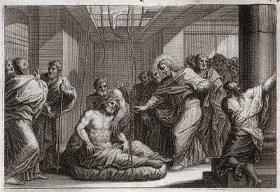 Biblia de Royaumont, Nuevo Testamento: Paralítico. Jesucristo llama a San Mateo y cura a un paralítico en Cafarnaúm. Ilustración de 1811 de Unknown artist