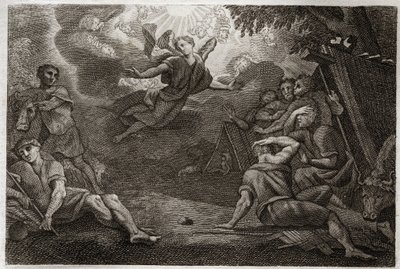 Biblia de Royaumont, Nuevo Testamento: Pastores en el Pesebre. Un ángel anuncia el nacimiento de Jesucristo a los pastores (Anunciación a los pastores). Ilustración de 1811. de Unknown artist