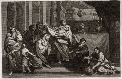 Biblia de Royaumont, Nuevo Testamento: Purificación de la Virgen o presentación en el Templo. La Sagrada Familia ofrece a Jesucristo en el Templo y lo entrega a Simeón (o Simón). Una mujer sostiene dos palomas en una cesta. Ilustración de 1811 de Unknown artist