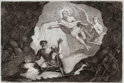 Biblia de Royaumont, Nuevo Testamento: Resurrección. Jesucristo resucita de su tumba ante el asombro de los soldados romanos que se habían quedado dormidos. Ilustración de 1811 de Unknown artist