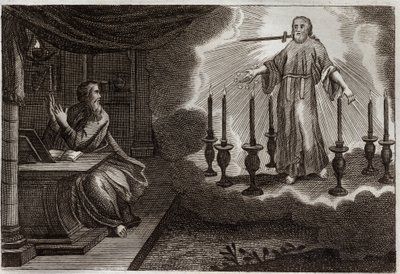 Biblia de Royaumont, Nuevo Testamento: Revelaciones de San Juan en el Apocalipsis. Jesucristo aparece a San Juan entre siete candelabros de oro, con siete estrellas en su mano derecha y una espada saliendo de su boca. Ilustración de 1811 de Unknown artist