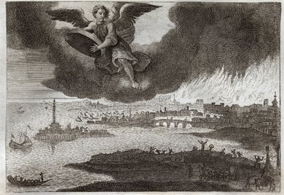 Biblia de Royaumont, Nuevo Testamento: Ruina de Babilonia. Babilonia en llamas, un ángel arroja una piedra al mar, simbolizando la destrucción de esta ciudad durante el Apocalipsis. Ilustración de 1811. de Unknown artist